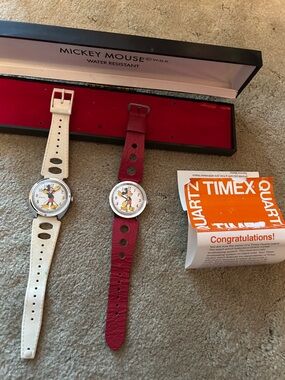 Timex Mickey Mouse Watches with Red and Cream Straps